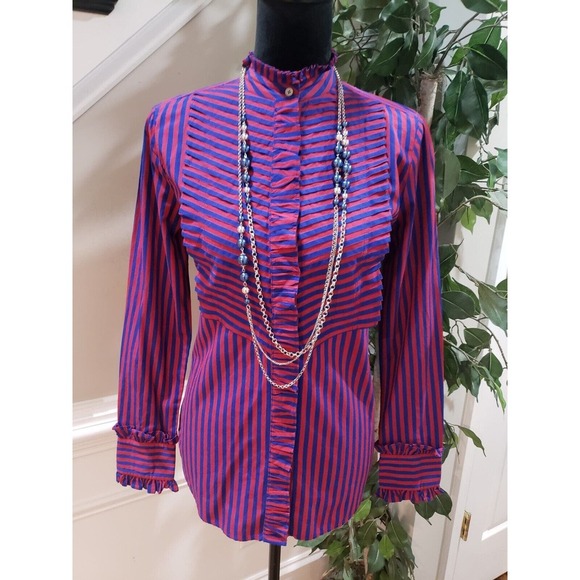 J. Crew Red & Blue Striped Long Sleeve Ruffle Trim Tuxedo Top Blouse XS - Picture 15 of 16